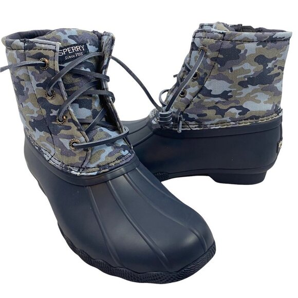 Sperry Saltwater Water Resistant Rubber Boots Blue Camo Print Girls Size 2 - Picture 1 of 11